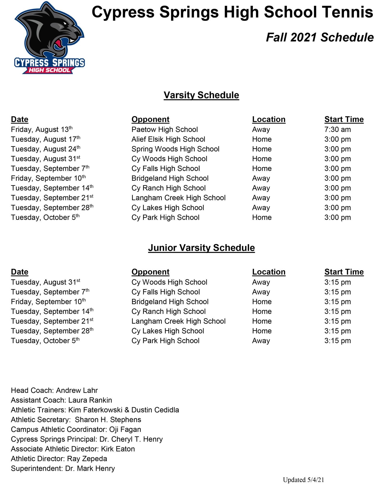 Cy-Springs High School Tennis Schedule