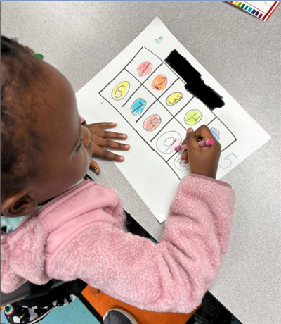 Pre-K Student counting using a ten frame